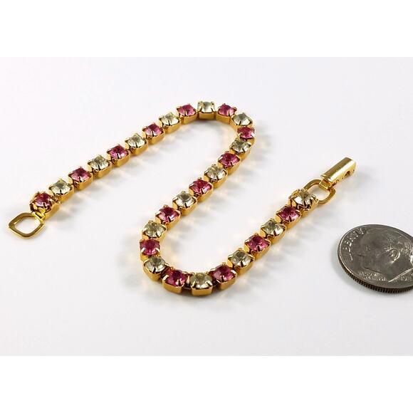 Vintage Trifari Pink Clear Rhinestone Tennis Bracelet,  Gold Plated, 1980s - Picture 7 of 10